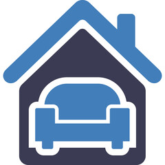 Blue and Dark Blue House Icon Symbol with Sofa Inside on Transparent Background Representing Home Furniture or Real Estate Services