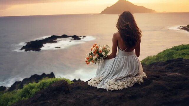 woman in white dress with orange flowers on rocky shoreline during sunset with ocean and mountain in backgroundwoman in flowing white dress sitting on rocky outcrop with flowers. - Powered by Adobe