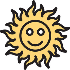 Cartoon Sun with Smiling Face and Wavy Rays Yellow and Black Outline on Transparent Background