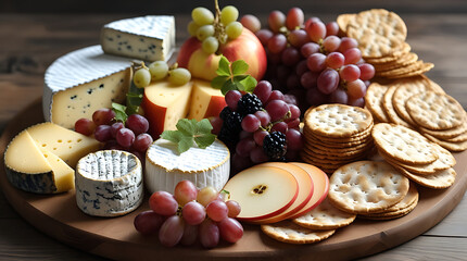 A wooden platter showcasing an assortment of cheeses, fruits, and crackers arranged nicely, HD and 4k image