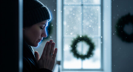 Silent prayer in a serene Scandinavian church illuminated by blue moonlight during winter