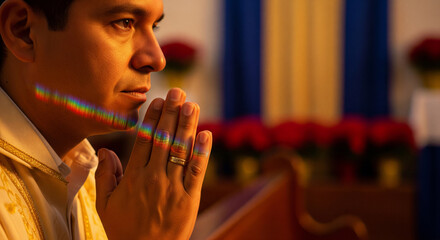 Warm-toned portrait of a man praying in a vibrant Latin American church setting with colorful sunlight reflections