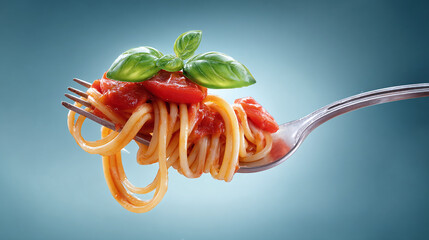 Spaghetti with Tomato Sauce and Basil on a Fork. A close-up shot of spaghetti with tomato sauce and basil on a fork, a culinary delight.