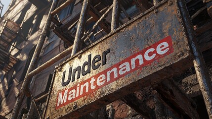 Obraz premium Rusty Under Maintenance Sign on a Scaffolded Building Undergoing Restoration During Daylight