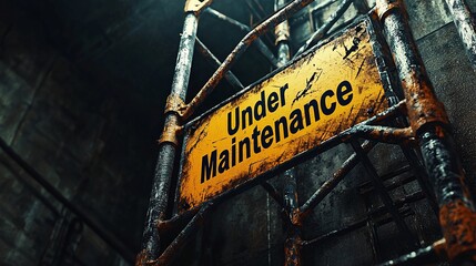 Industrial construction scaffolding with a weathered "Under Maintenance" sign in a dimly lit urban setting