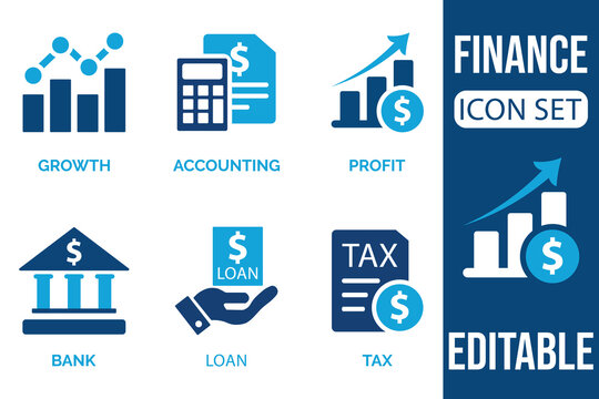 Financial icon set depicting growth accounting profit banking loans and tax management concepts visually high quality