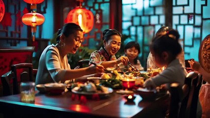 A vivid, warmtoned photograph capturing a festive dining scene in a dimly lit room with red lanterns. The main subject is a woman in a traditional Chinese dress.