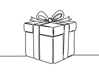 Single Line Drawing of a Wrapped Gift Box with Ribbon Bow