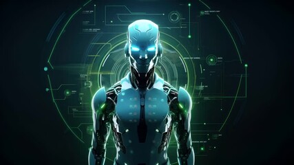 A highresolution digital artwork of a futuristic humanoid figure. The figure is depicted in a side profile, with a sleek, metallic design and glowing blue lights.
