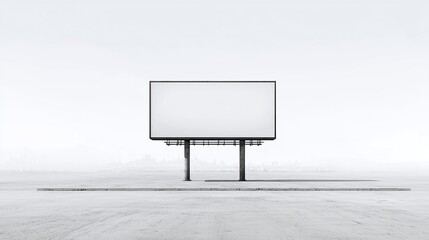 Minimalist landscape featuring a large blank billboard in a vast open area under a pale sky, showcasing concepts of advertising and space.
