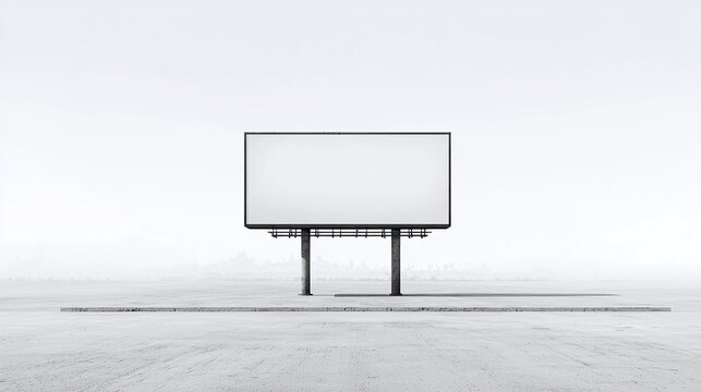 Minimalist landscape featuring a large blank billboard in a vast open area under a pale sky, showcasing concepts of advertising and space.