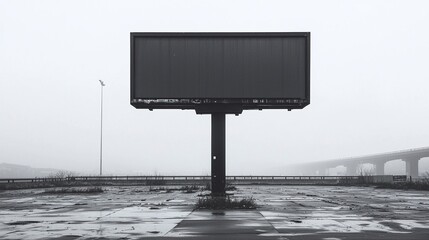 Empty billboard standing in a deserted urban landscape on a foggy day, highlighting its stark presence against the overcast sky and vacant surroundings.
