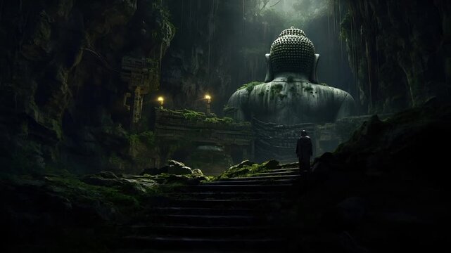A solitary figure stands in front of a colossal Buddha statue amidst a mystical forest setting.
