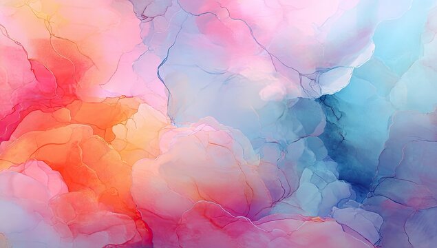 Abstract fluid art piece featuring vibrant swirling colors and delicate, wispy formations