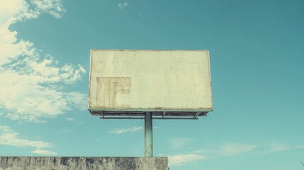Vintage empty billboard against a clear blue sky with scattered clouds, perfect for advertising or creative design templates.