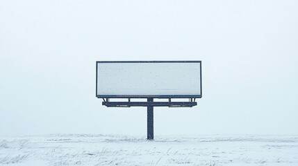 Solitary blank billboard standing in a vast snowy landscape symbolizing emptiness and isolation against a serene winter backdrop.