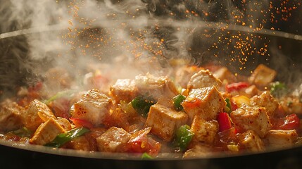 Deliciously Spiced Tofu Cooking with Colorful Vegetables in a Sizzling Frying Pan