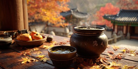 Autumn Serenity - Traditional Korean Tea Ceremony with Fall Foliage.