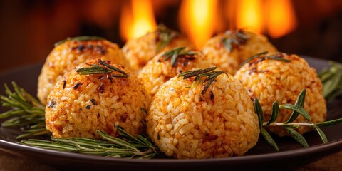 Delicious Arancini Balls with Rosemary Sprigs on a Plate.