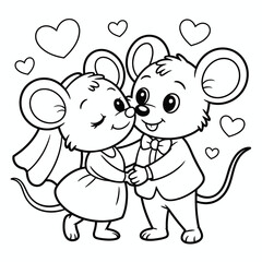 Cute cartoon mice couple in wedding attire sharing a tender moment, hearts background isolated on white background, Vector, illustration