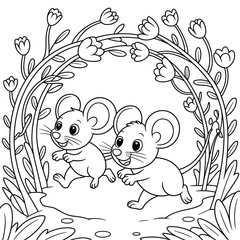 Cute cartoon mice couple walking happily through a garden with tulips, line art isolated on white background, Vector, illustration