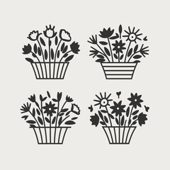 Four elegant floral illustrations in baskets, vector line art, clean and decorative design. isolated on white background, Vector, illustration