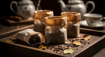 Tea bags arranged on a wooden tray with teapot and cup in background offering relaxation and comfort with earthy tone