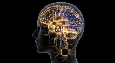 Obraz premium Golden Digital Human Head Profile - Ai Intelligence Concept