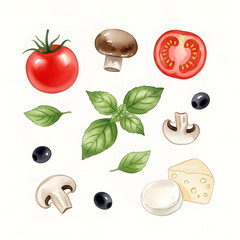 Fresh pizza ingredients collection featuring tomatoes mushrooms olives basil and mozzarella cheese