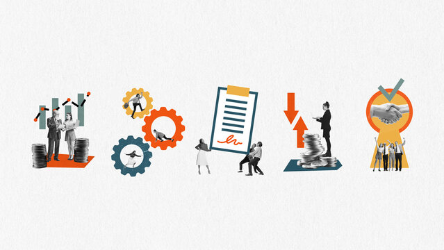 Dynamic collage of business teamwork and finance workflow. Concept of corporate communication, productivity systems, workflow optimization, management training, office process visuals.