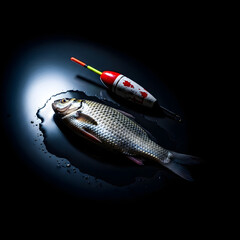 Freshly caught fish and fishing bobber illuminated by dramatic spotlight against dark background