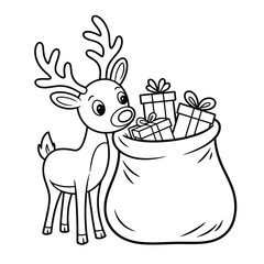 Cute cartoon reindeer standing next to a sack filled with christmas presents, line art isolated on white background, Vector, illustration
