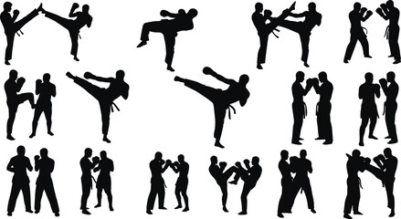 Vector set of martial arts fighters sparring in kickboxing and karate poses isolated on white background.