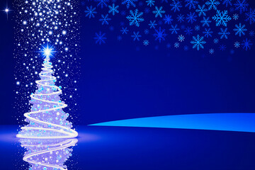 Sparkling white christmas tree with falling snowflakes on blue background