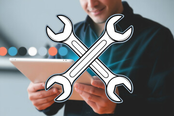 Man using tablet with wrench graphic overlay suggesting technical support or app development concept