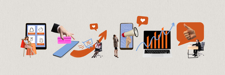 Creative collage of e-commerce marketing and online sales funnel. Concept of digital shopping, social ads, conversion boost, product promotions, mobile commerce, modern online business tools.