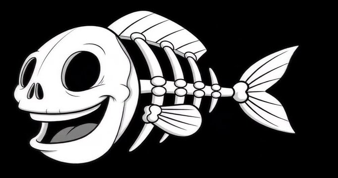 Cartoon fish skeleton with a mischievous grin swimming through the deep, dark depths, perfect for quirky designs and playful animations