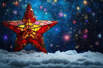 Stained glass star ornament rests in snow with festive bokeh lights Christmas holiday