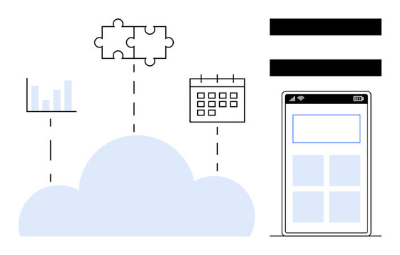 Cloud connecting charts, calendar, puzzle pieces, and smartphone. Ideal for collaboration, cloud storage, scheduling, app integration teamwork data analytics technology. Simple flat metaphor - Powered by Adobe