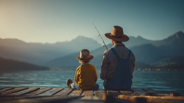 A man and a child are sitting on a dock by a lake, with the man holding a fishing rod. Concept of bonding and relaxation, as the father and son enjoy a shared activity in a peaceful setting