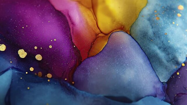 Abstract ink art with purple blue yellow  red blends accented by gold speckles