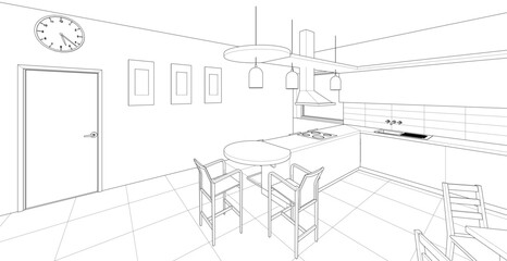 interior kitchen living room 3d illustration	
