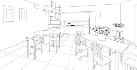 interior kitchen living room 3d illustration	
