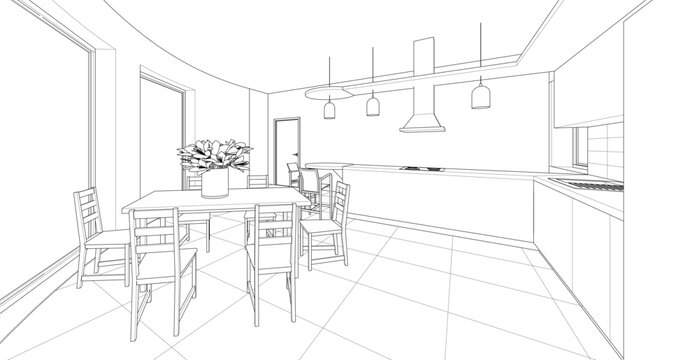 interior kitchen living room 3d illustration	

