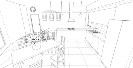interior kitchen living room 3d illustration	
