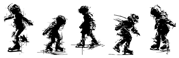 Dynamic Ice Skating Children Silhouettes in Sketchy Grunge Style