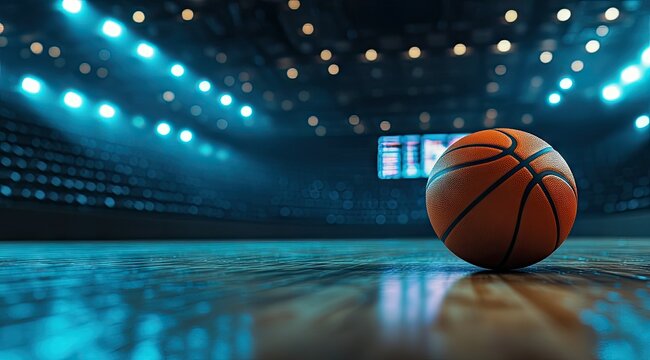 Basketball on court under stadium lights (2) - Powered by Adobe