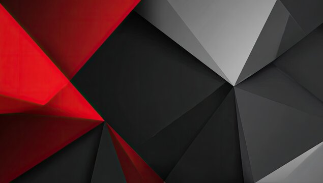 Abstract geometric composition featuring red, gray, and black triangular planes