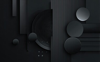 Abstract geometric composition in shades of black with varying textures and circular shapes