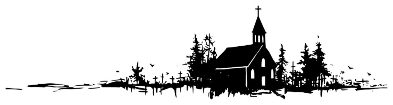 Abstract ink brush landscape with church and cemetery silhouette Vector black and white rural scene with grunge texture and flying birds